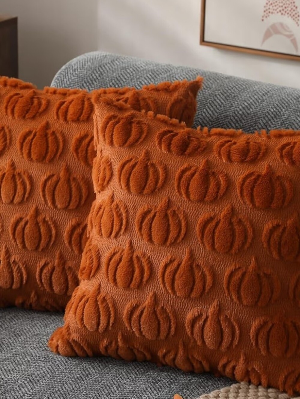 Textured Pumpkin Throw Pillow Pair — Rust Orange